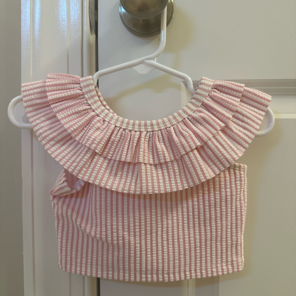 Ruffle Butts Pink Striped Baby Swim Top 6-12m GUC